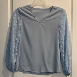 SHEIN Light Blue V-Neck Blouse with Textured Sleeves